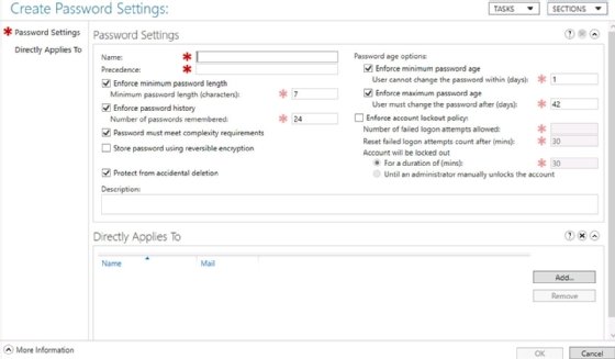 Screenshot of password settings in AD