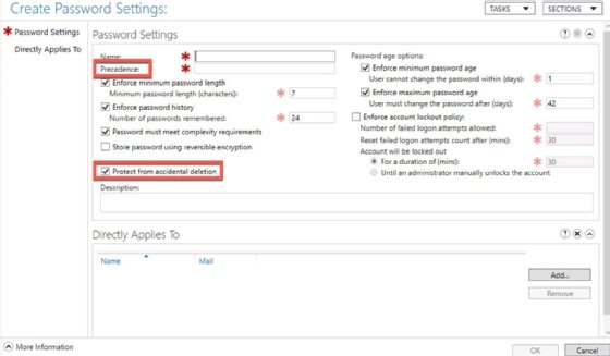 Screenshot of fine-grained password policy settings in AD