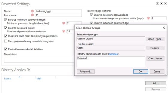 Screenshot of applying a PSO in AD