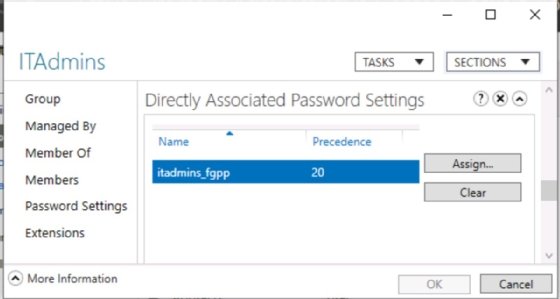 Screenshot of viewing PSOs applies to a user or group in AD