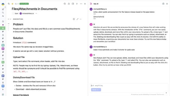 The user interface of Fibery's new Text AI Assistant tool.
