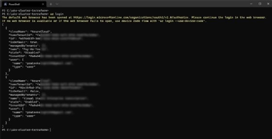 Screenshot of a JSON output showing the tenant and subscription details