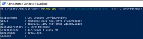 Screenshot of single GPO backup process in PowerShell