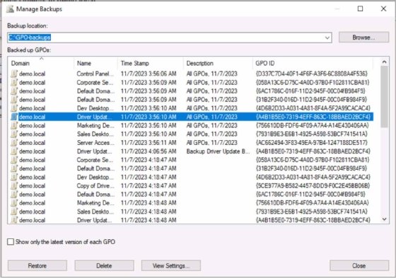 Screenshot of GPO IDs in the Manage Backups interface