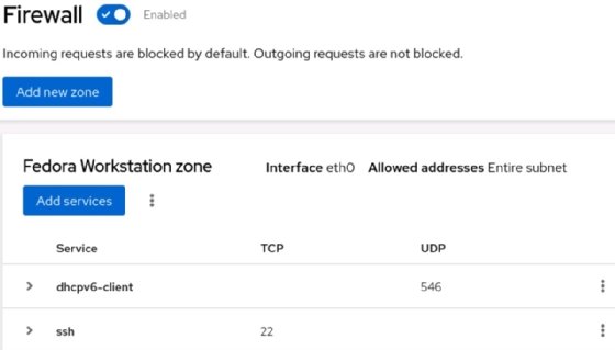 Image of firewall console in Cockpit for Linux