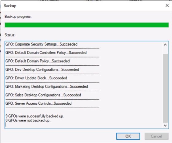 Screenshot of GPO backup progress interface