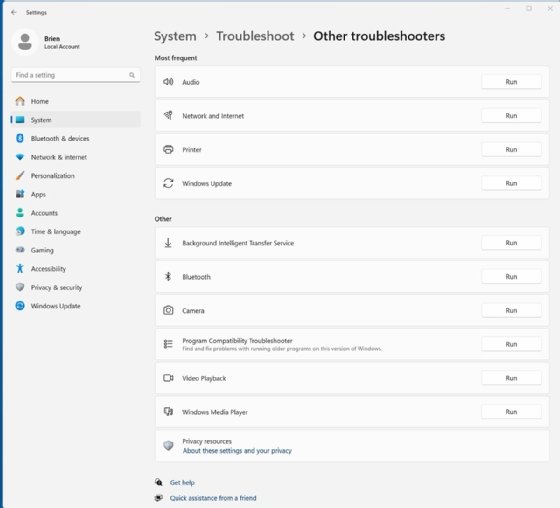 The System Settings menu that displays several troubleshooters that target specific areas of the Windows 11 desktop