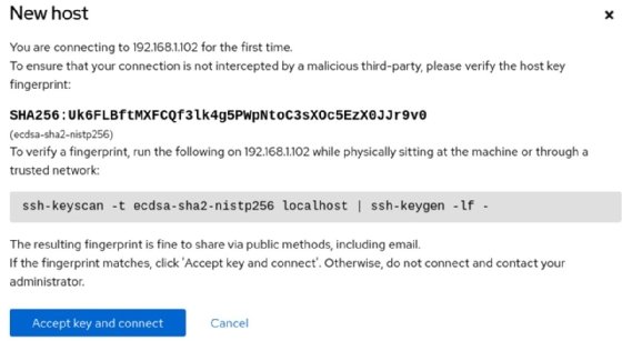 Image of how to accept key and connect to a server in Cockpit for Linux.