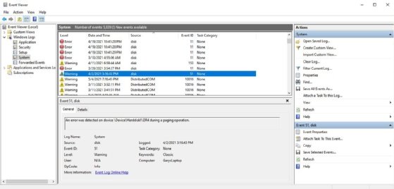 Screenshot of the Windows 10 Event Viewer pane.