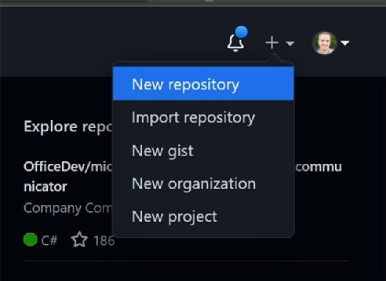 Screenshot showing the 'New repository' option in GitHub