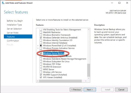 Windows Server Backup in the Features menu.