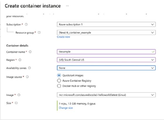 Screenshot of Azure container services container details