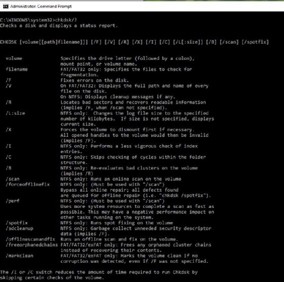 Screenshot of the Command Prompt window displaying the chkdsk /? help screen.