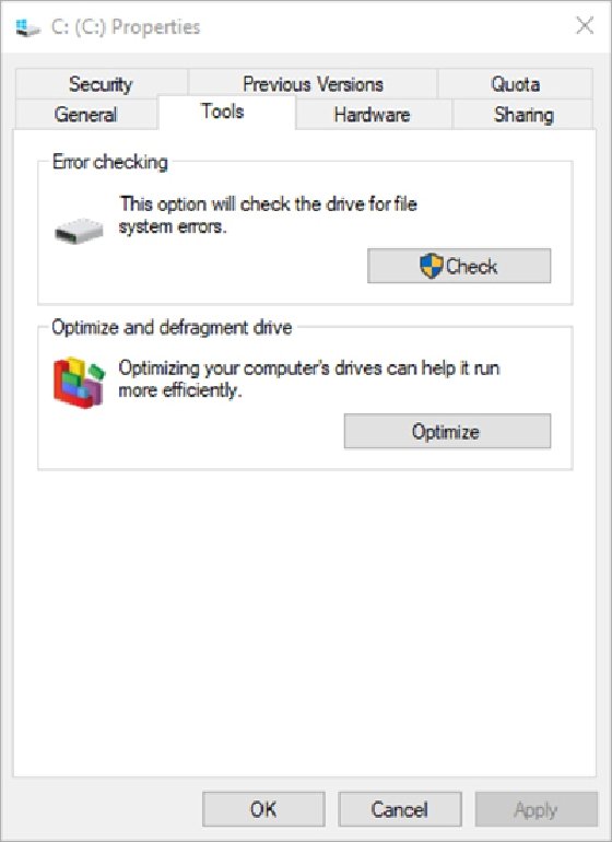 Screenshot of the Tools tab in the disk's properties window