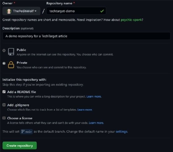 Screenshot of the new repository named 'techtarget-demo'