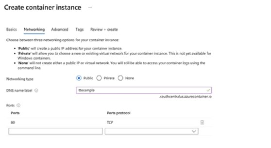 Screenshot of Azure Container Instances Networking tab