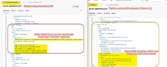 Screenshot comparing Automation API pipeline and Azure DevOps extension