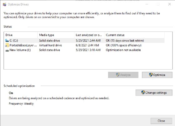 Screenshot of the Optimize Drives window