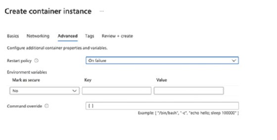 Screenshot of Azure Container Instances Advanced tab with restart policy highlighted and showing 'On failure'