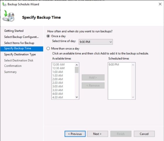 Windows Backup Schedule Wizard window to set backup time.