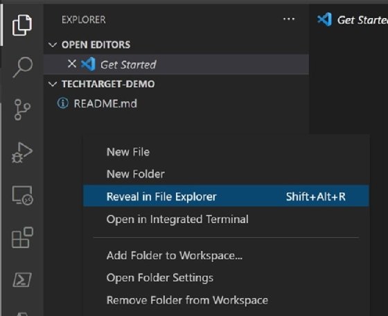 Screenshot showing the 'Reveal in File Explorer' option in VS Code