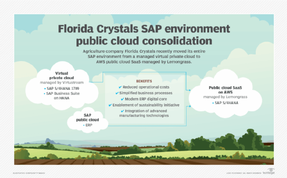 Infographic illustrating stages and benefits of the Florida Crystals SAP environment public cloud consolidation process.