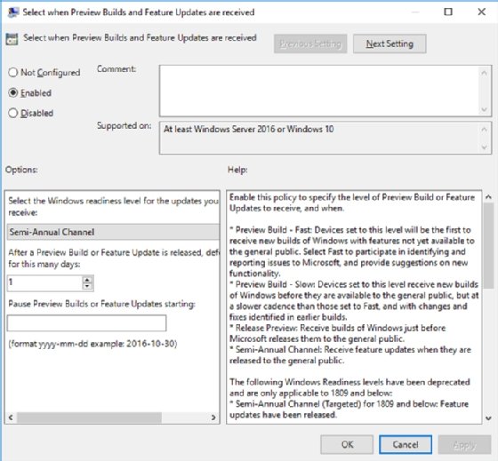 Windows readiness level setup