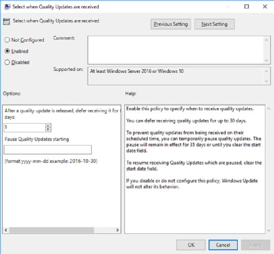 Windows quality update options