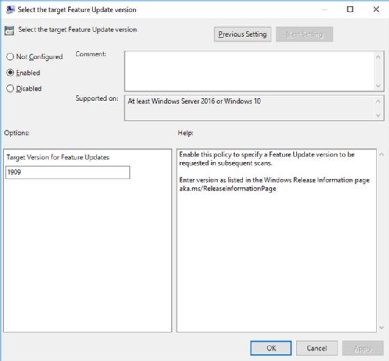 Windows 10 feature update target setting