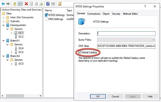 A screenshot showing the GC option in NTDS settings.