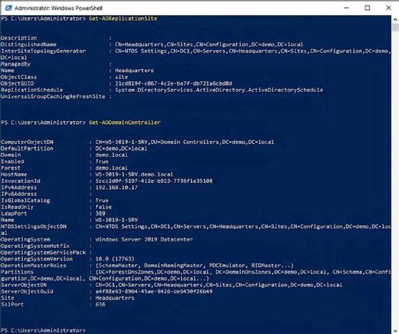 A screenshot showing PowerShell commands used in AD replication tasks.
