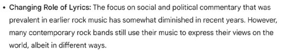 Screenshot of Gemini's second response, discussing the changing role of lyrics in rock music and shift away from sociopolitical commentary.