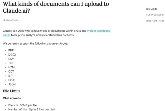 Screenshot from a Claude help article showing list of supported file types, with details on size and quantity restrictions.