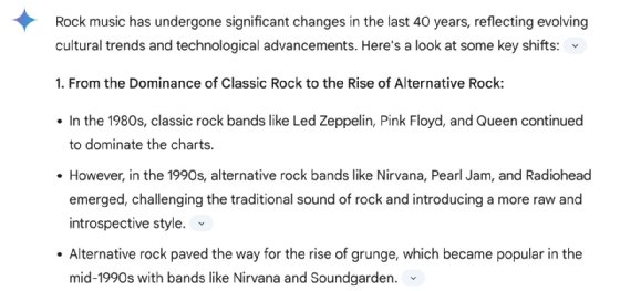 Screenshot of Gemini's response to the test query, highlighting shifts from classic to alternative rock and the rise of grunge.