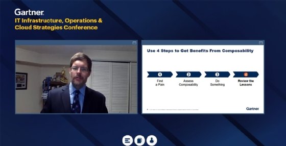 Screenshot listing four steps to get benefits from composability: find a pain, assess composability, do something and review the lessons