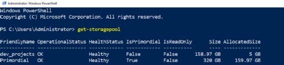 Screenshot of a Windows PowerShell script running the Get-StoragePool cmdlet.