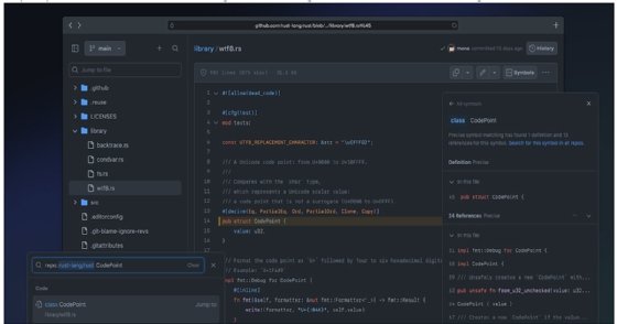 GitHub code search screenshot with search results shown in three panes.