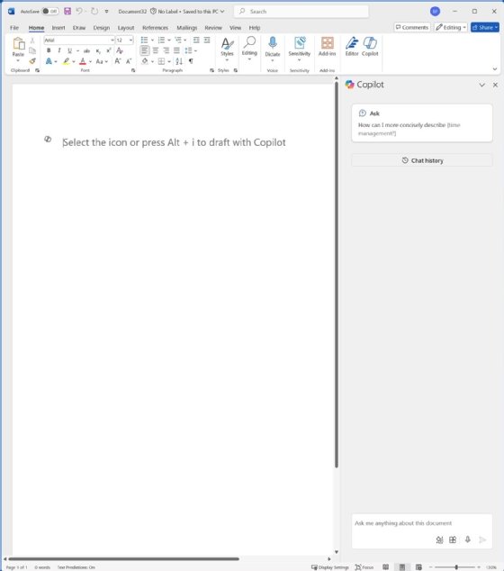 A screenshot of the Copilot pop-up menu that comes with Word when subscribed to Microsoft 365 Copilot.