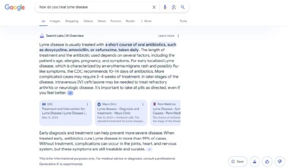 A screenshot of Google's results page showing an AI overview on how to treat lyme disease.