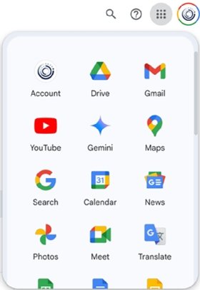 Screenshot that shows what the Google Apps and Drive icons look like. The Apps icon is a grid composed of nine dots. 