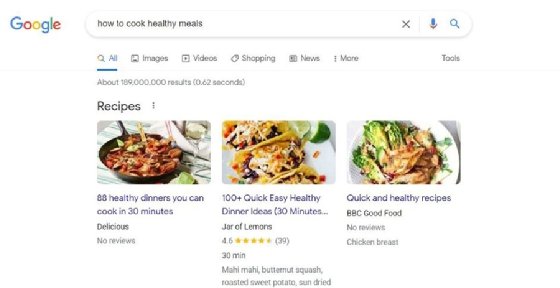 Screenshot of video links on a search engine results page