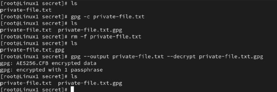 Screenshot of using GPG to encrypt and decrypt a file using symmetric cryptography.