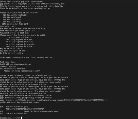 Screenshot of using GPG to create a key pair.