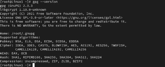 Screenshot of using the gpg --version command to display the version of GPG on the device.