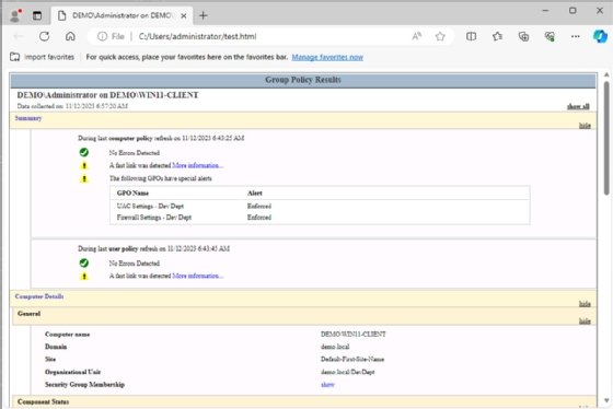 The summary from the HTML report generated by gpresult.