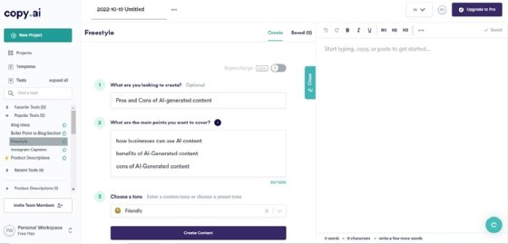 Screenshot of the CopyAI generator showing options to create content