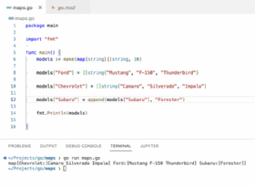 The screenshot shows the code and output for a Go program that adds a new key and value to a map using Go's zero value feature.
