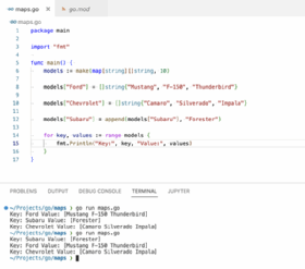 The screenshot shows the output of running a Go program that prints a map multiple times to demonstrate that key-value pairs are unordered in Go maps.