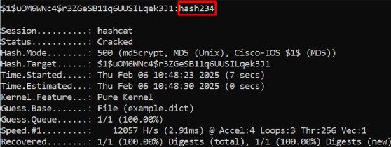 Screenshot of a cracked password in hashed and plaintext form, using Hashcat