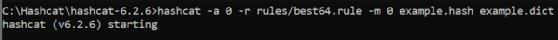 Screenshot of the syntax to run Hashcat with rules specified